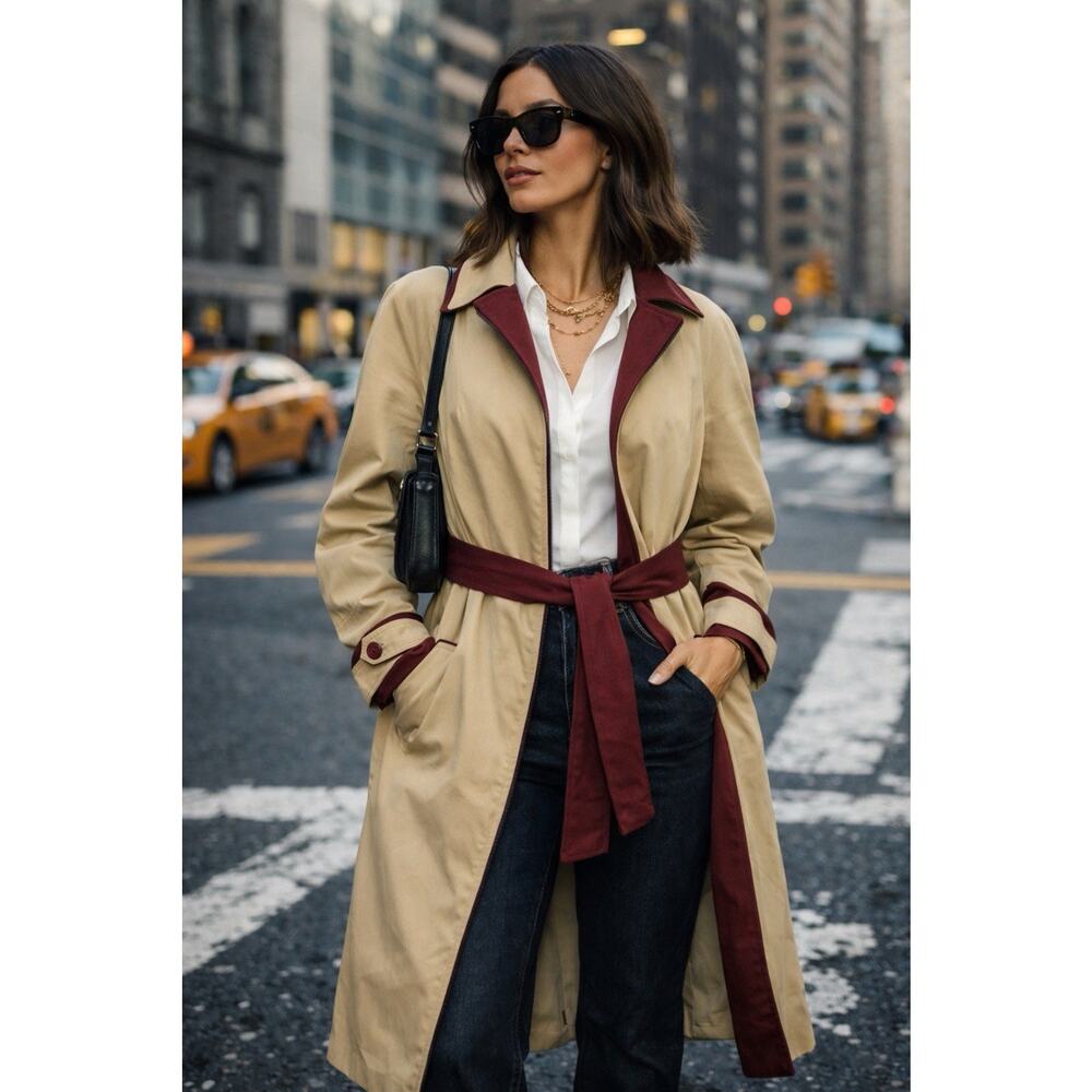 Vintage ETIENNE AIGNER Reversible Trench Coat Belted Maroon/ Beige Leather Sz 12